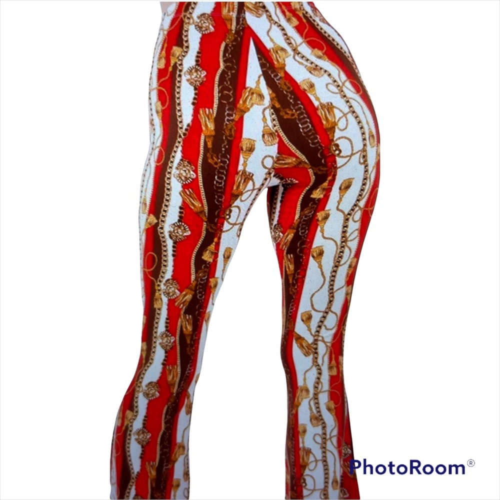 Red Chain Print Bell Bottom Pants - Picture 2 of 6